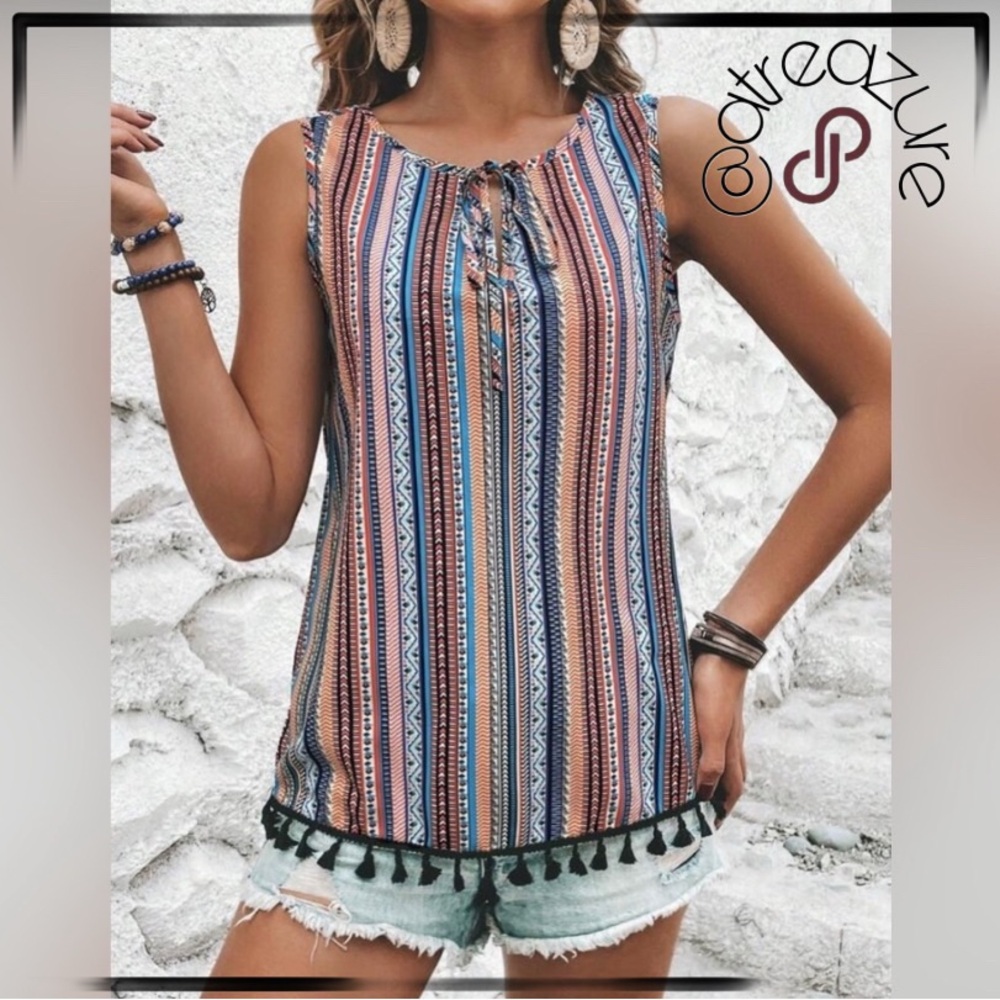 🆕 Geo Print Tassel Hem Blouse